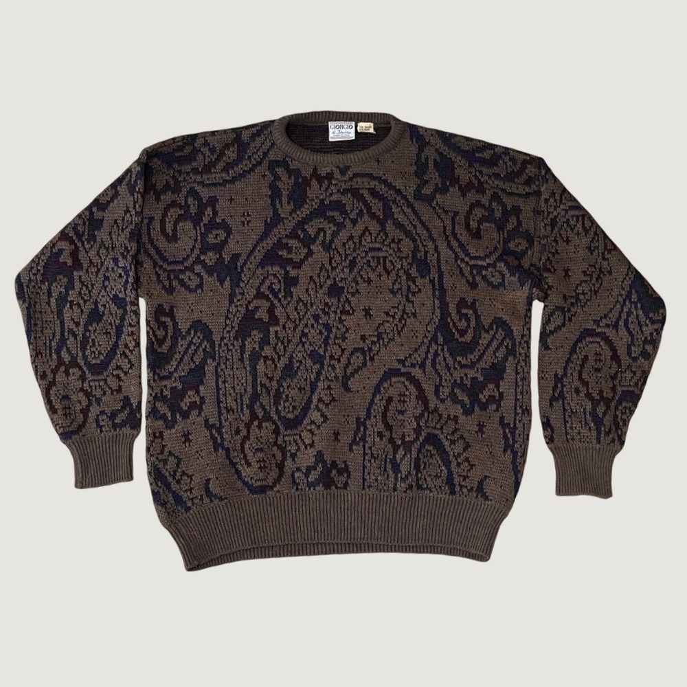 Vintage 90s Paisley Italian Grandpa Sweater Wool Blend Brown Giorgio Italy Large